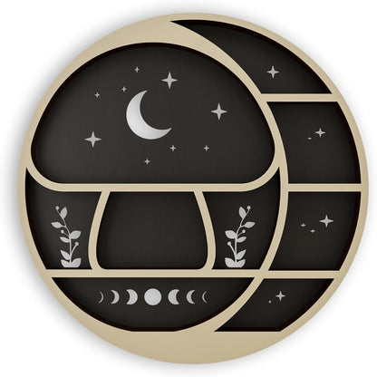 Circle Mushroom on The Moon Wall Shelf with LED Light, Wooden Trinket Knick Knack Shelf, Mushroom & Moon Decor Crystal Display Shelf for Rocks Gems Healing Stones, Cute Crystal Holder Organizer