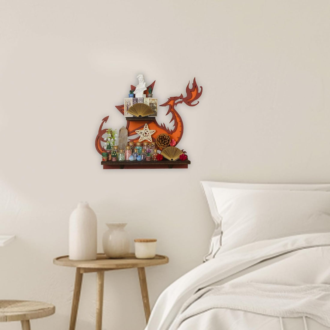 Wooden Dragon Decor Crystal Display Shelf for Wall, Rock Display Case Knick Knack Organizer Trinket Holder, Wall Hanging Shelves for Essential Oil &amp; Nail Polish