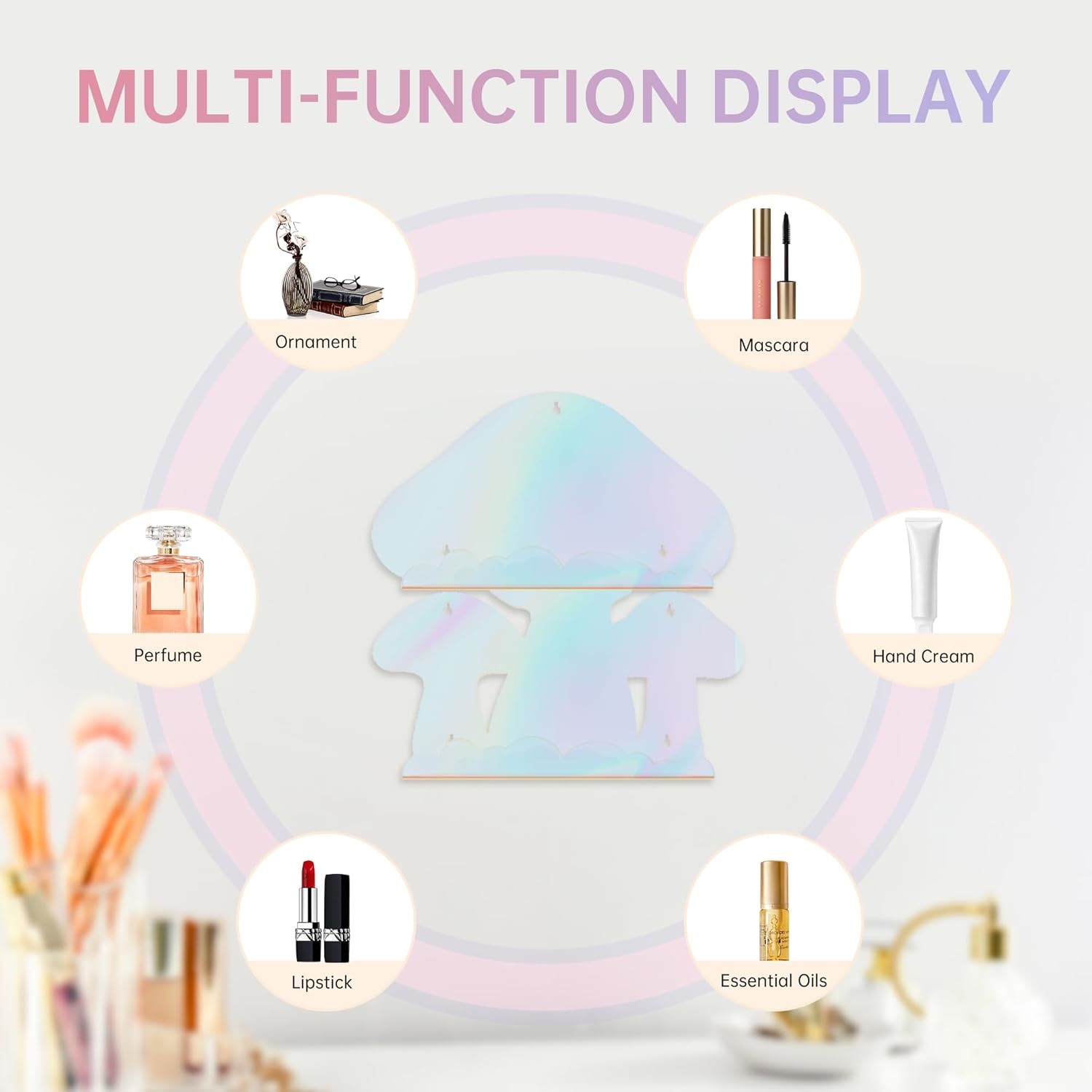 Iridescent Acrylic Mushroom Floating Shelves, Clear Rainbow Floating Shelves for Wall, Cute Shelves Mushroom Decor Gifts for Women, Mushroom Item Trinket Shelf Knick Knack Display Shelves Wall Mounted