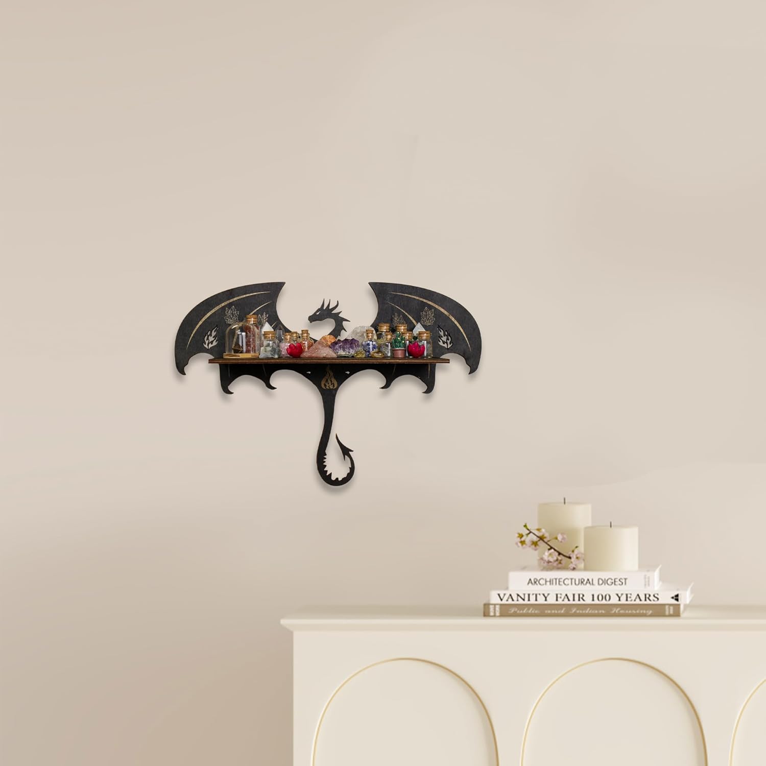 Gothic Evil Dragon Decor Crystal Display Shelf for Wall, Wooden Witchy Shelf Rock Display Case Knick Knack Organizer Trinket Holder, Wall Hanging Shelves for Essential Oil & Nail Polish