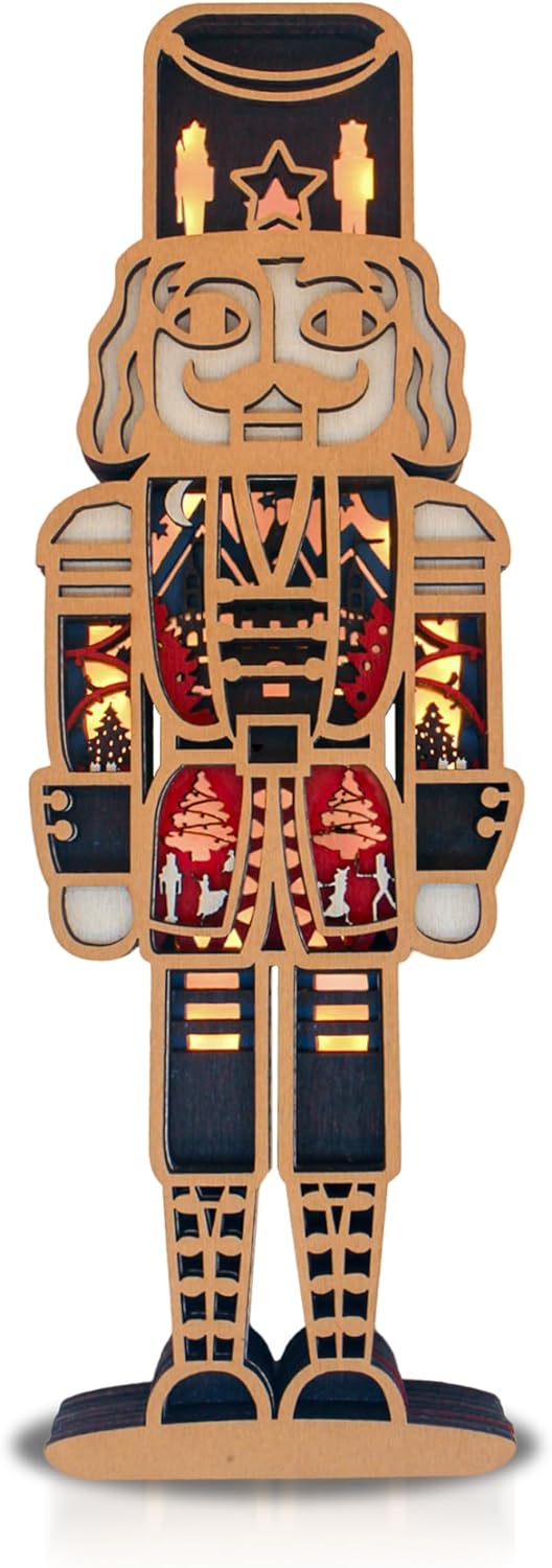 FNYDOX Nutcracker Christmas Decor, LED Nutcracker Wood Carving Christmas Tall Nutcracker Figures for Gifts Nut Cracker Christmas Decorations Living Room Bedroom Home Room Nutcracker Ornaments