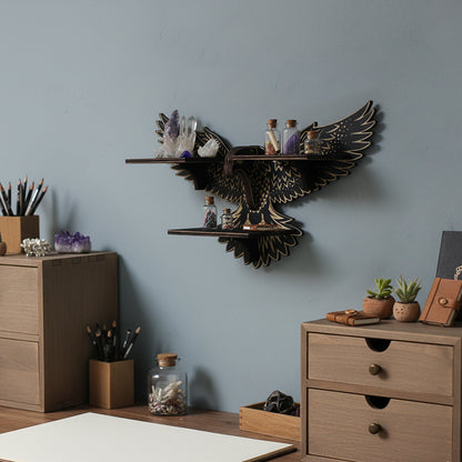 Griffin Floating Shelf - Gothic Halloween Hanging Shelf with Hooks for Wall Oddities and Curiosities - Black Spooky Goth Wall Decor for Kitchen and Home - Crystal Display Shelf for Stones