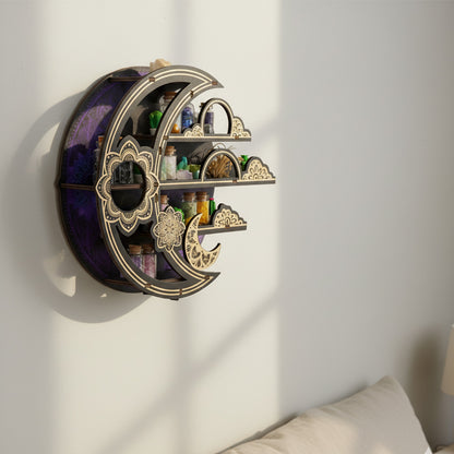 FNYDOXGI Wooden Floating Shelf, Gothic Trinket Display Shelf & Crescent Moon Wall Decor For Rocks Gems Healing Stones Crystals Display, Celestial Decor Crystal Holder Witchy Wall Decor