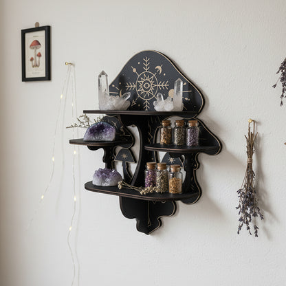 Wooden Mushroom Floating Shelves, Crystal Display Shelf For Wall, Wiccan Incantation Mushroom Wall Decor, Rock Gem Stone Storage Organizer, Essential Oil Holder Hanging Case, Meditation Art Spiritual Gift