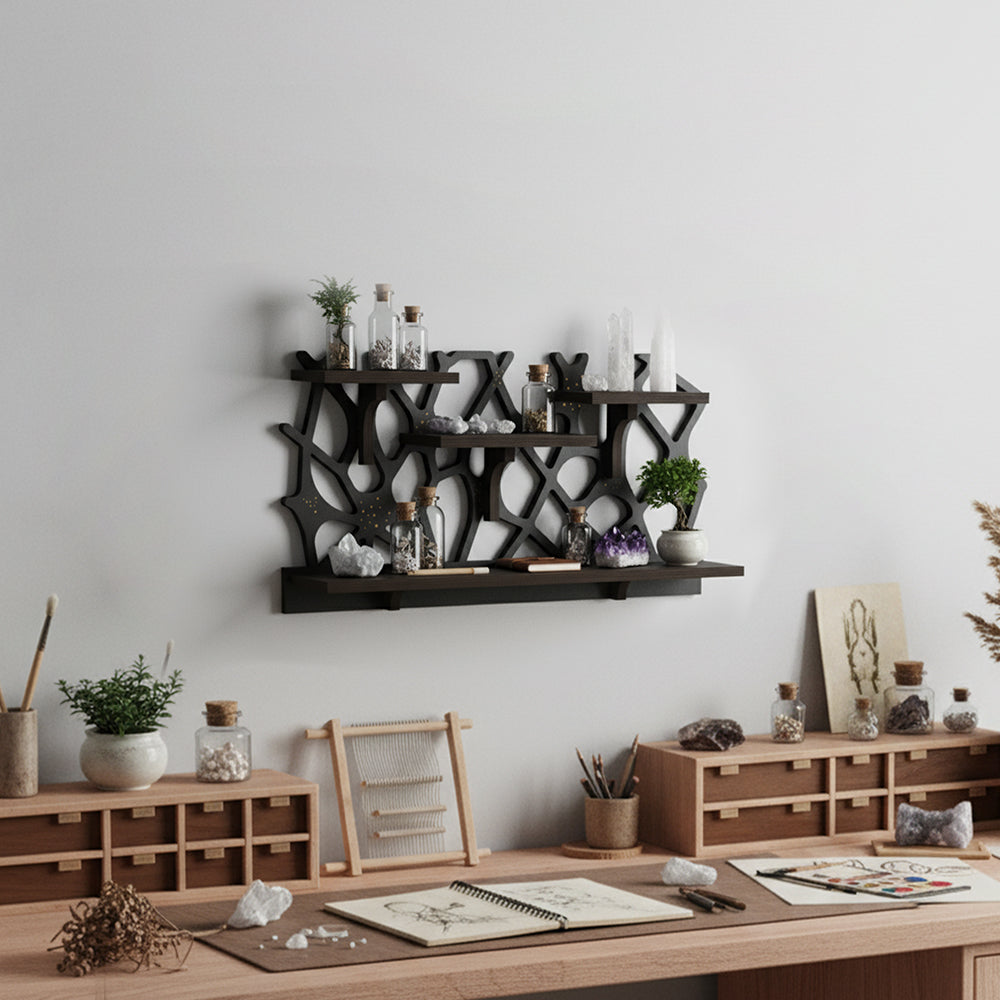 Spider Web Floating Shelf - FNYDOXGI Gothic Halloween Hanging Shelf with Hooks for Wall Oddities and Curiosities - Black Spooky Goth Wall Decor for Kitchen and Home - Crystal Display Shelf for Stones