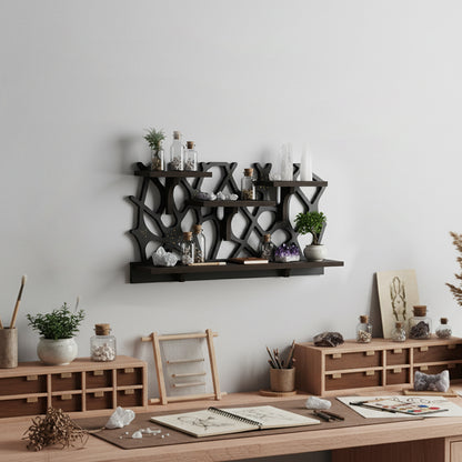 Spider Web Floating Shelf - FNYDOXGI Gothic Halloween Hanging Shelf with Hooks for Wall Oddities and Curiosities - Black Spooky Goth Wall Decor for Kitchen and Home - Crystal Display Shelf for Stones