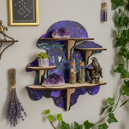 Wiccan Mushroom Decor, Wooden Floating Mushroom Shelf For Wall, Crystal Display Shelf Rock Gem Stone Display Shelf Wall Mounted