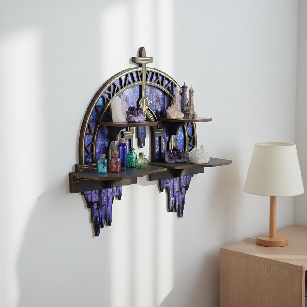 Crescent Moon Shelf, Gothic Trinket Display Shelf & Moon Wall Light For Rocks Gems Healing Stones Crystals Display, Celestial Decor Crystal Holder Witchy Wall Decor