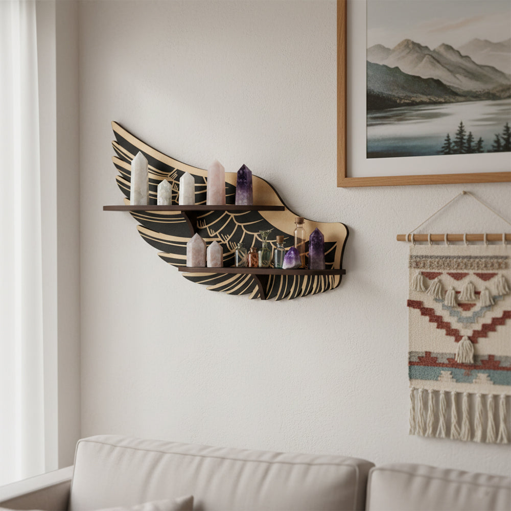 Griffin Wings Crystal Display Shelf, Rock Gem Stone Holder, Essential Oils Nail Polish Organizer, Trinket Knick Knack Shelf Wall Mounted, Witch Witchy Wiccan Home Decor