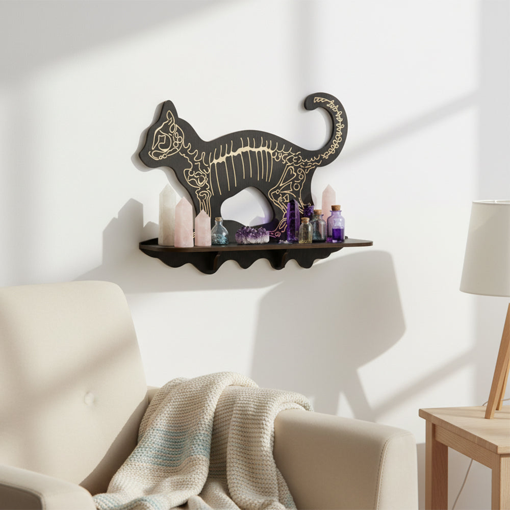 FNYDOXGI Skeleton Cat Crystal Display Shelf, Rock Gem Stone Holder, Essential Oils Nail Polish Organizer, Trinket Knick Knack Shelf Wall Mounted, Witch Witchy Wiccan Home Decor