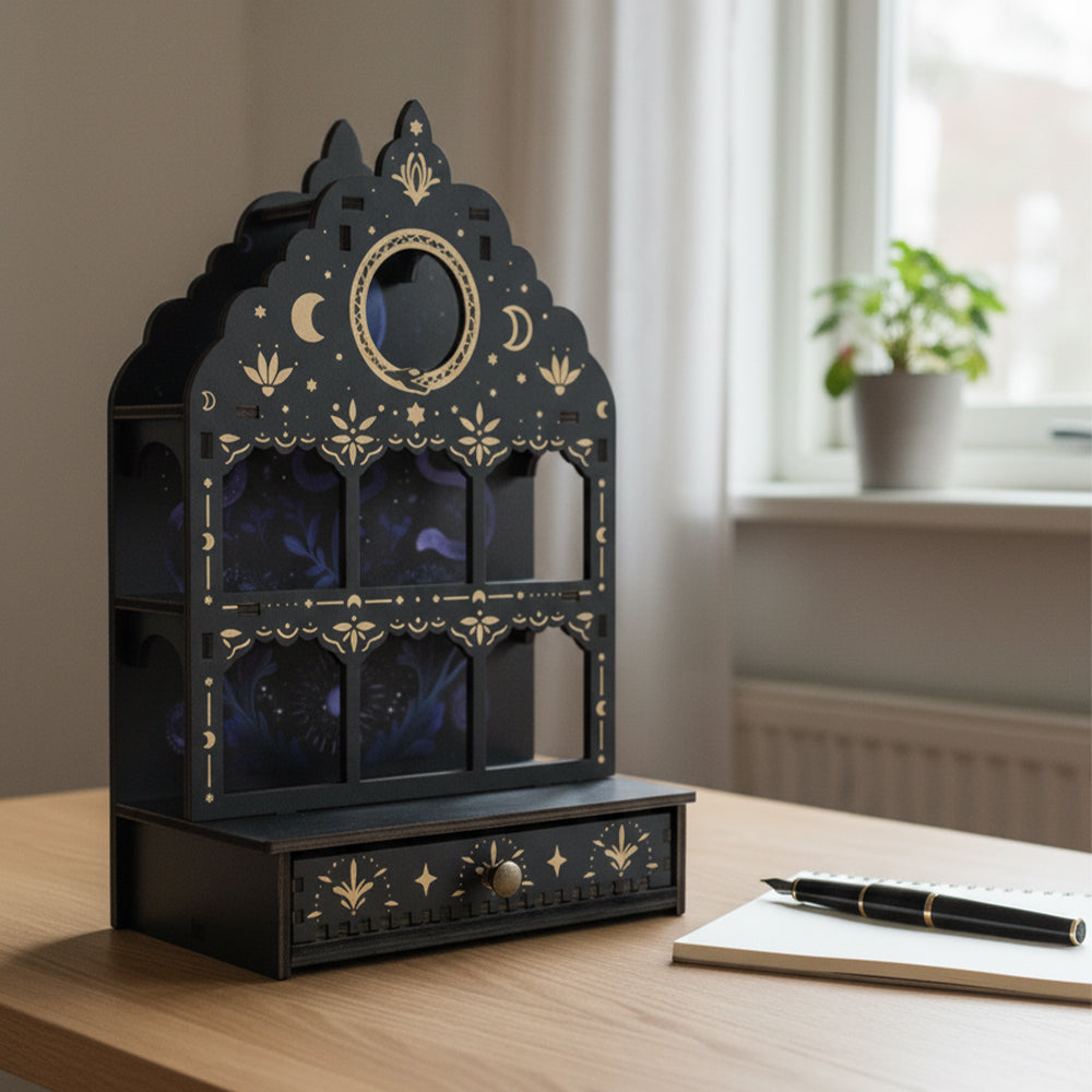 [Pedestals]1pc Wooden Wall Pedestals, Crystal Display Shelf For Living Room, Bedroom, Rock Gem Stone Desktop Storage Organizer, Essential Oil Holder Hanging Case, Meditation Art Spiritual Gift, Moon & Star Wall Decoration, Perfect Gift