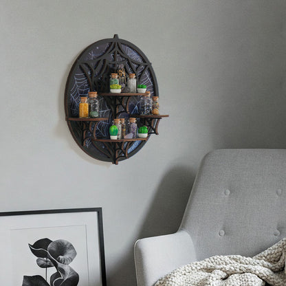 [Floating Shelf]1pc Wooden Wall Shelf, Halloween Decor, Spider Web Crystal Display Shelf For Living Room, Bedroom, Rock Gem Stone Desktop Storage Organizer, Essential Oil Holder Hanging Case, Meditation Art Spiritual Gift, Wall Decoration
