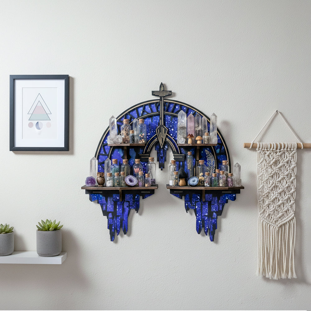 Crescent Moon Shelf, Gothic Trinket Display Shelf & Moon Wall Light For Rocks Gems Healing Stones Crystals Display, Celestial Decor Crystal Holder Witchy Wall Decor