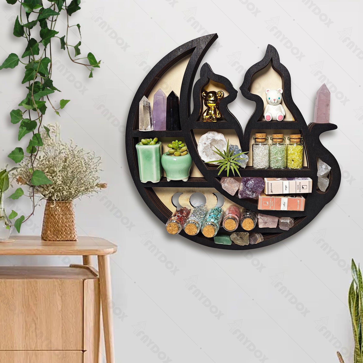 Rustic Cat On The Moon Wooden Crystal Shelf Display