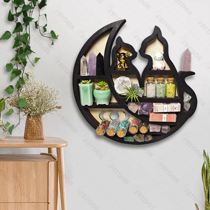 Rustic Cat On The Moon Wooden Crystal Shelf Display