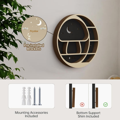 Circle Mushroom on The Moon Wall Shelf with LED Light, Wooden Trinket Knick Knack Shelf, Mushroom & Moon Decor Crystal Display Shelf for Rocks Gems Healing Stones, Cute Crystal Holder Organizer