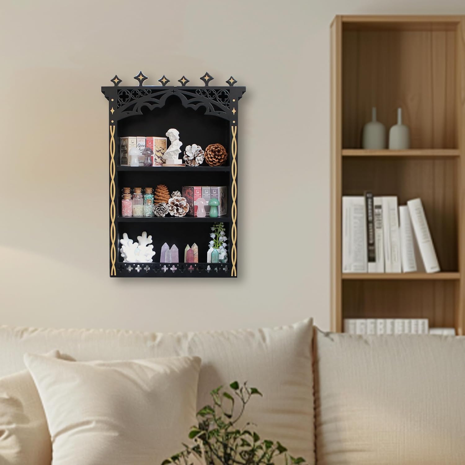 Large Gothic Crystal Shelf Display for Wall, Wooden Witchy Shelves for Home Decor, Trinket Knick Knack Shelf for Crystals Rocks Gems and Stones, Witch Crystals Storage Holder Organizer