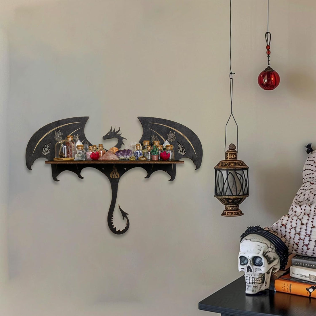 Gothic Evil Dragon Decor Crystal Display Shelf for Wall, Wooden Witchy Shelf Rock Display Case Knick Knack Organizer Trinket Holder, Wall Hanging Shelves for Essential Oil & Nail Polish
