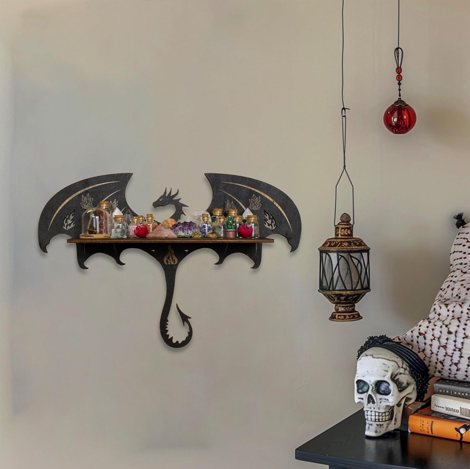 Gothic Evil Dragon Decor Crystal Display Shelf for Wall, Wooden Witchy Shelf Rock Display Case Knick Knack Organizer Trinket Holder, Wall Hanging Shelves for Essential Oil & Nail Polish