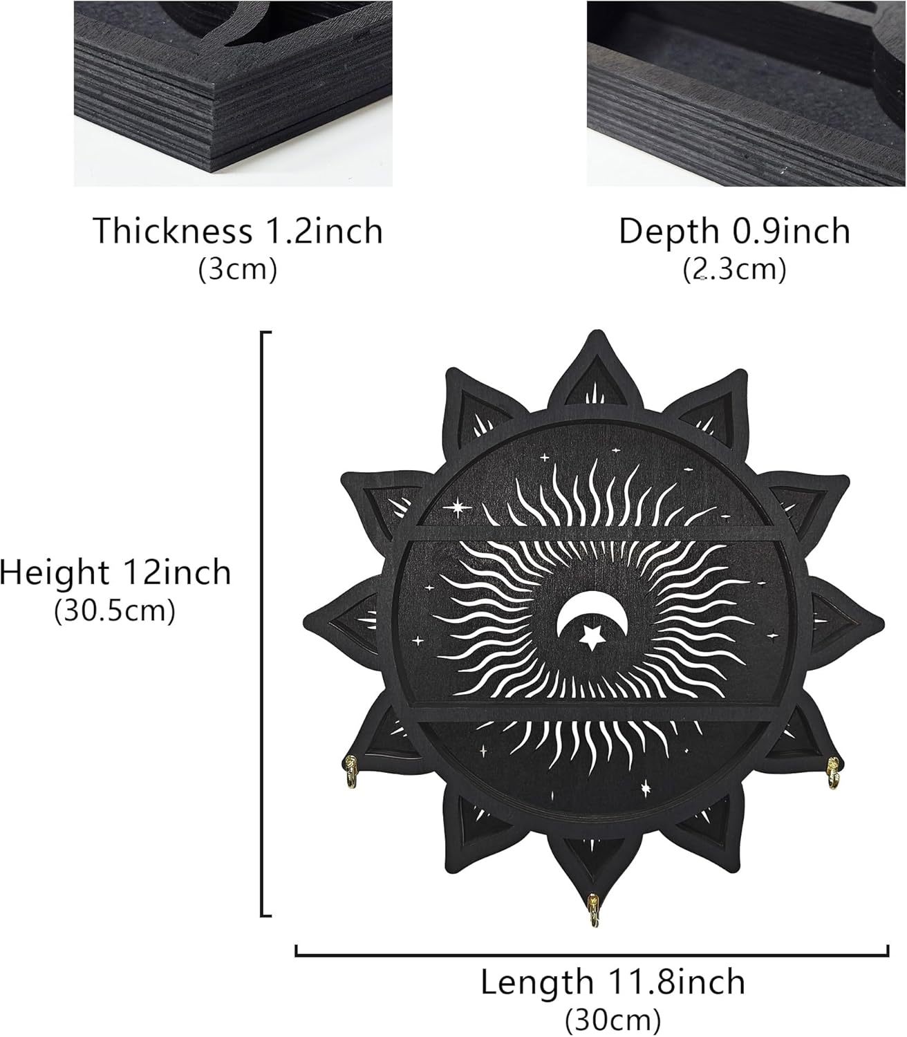 Chakra Lotus Flower Crystal Display Shelf with LED Light, Witchy Home Decor Boho Decorative Wall Mounted Trinket Shelf Wooden Sun Moon Shelf Rock Case Stone Storage Floating Hanging Holder