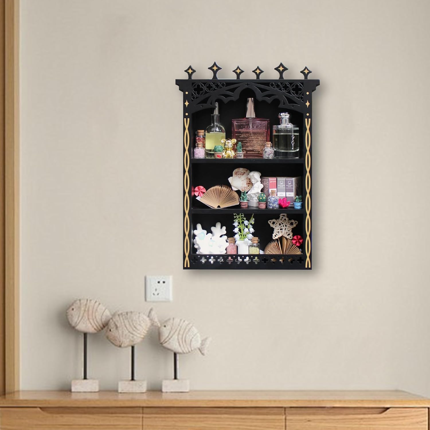 Large Gothic Crystal Shelf Display for Wall, Wooden Witchy Shelves for Home Decor, Trinket Knick Knack Shelf for Crystals Rocks Gems and Stones, Witch Crystals Storage Holder Organizer