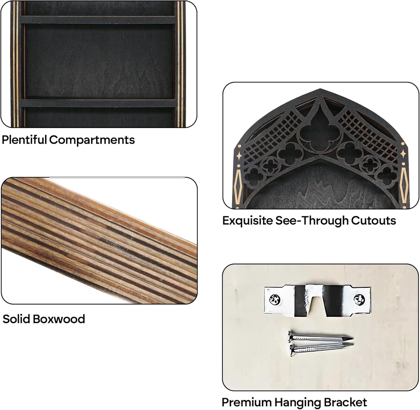 Gothic Window Crystal Shelf Display for Wall, Wooden Gem Stone Rock Storage Holder Trinkets Organizer, Wall Mount Stand Case Box for Witch Wiccan Decor, Spiritual Gift for Home Bedroom Living Room