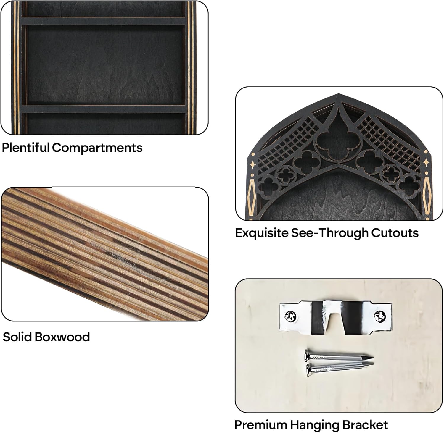 Gothic Window Crystal Shelf Display for Wall, Wooden Gem Stone Rock Storage Holder Trinkets Organizer, Wall Mount Stand Case Box for Witch Wiccan Decor, Spiritual Gift for Home Bedroom Living Room