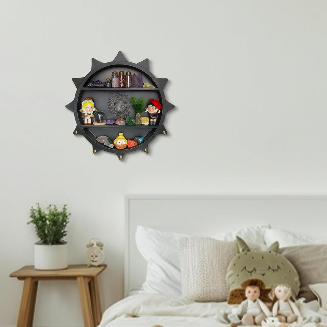 Large 15.1” Crystal Shelf Display for Wall with Hooks, Wooden Moon Shelf for Wall, Rock Gem Stone Display Shelf Wall Mounted - Black