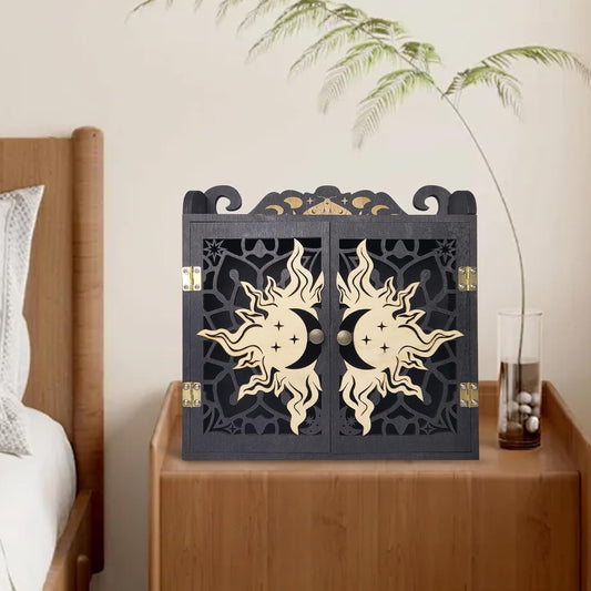 Crystal Display Shelf, Large Crystal Shelf Case for Stones, Carved Sun Crescent Moon Shelf, Trinket Shelf Nail Polish Rack Crystal Holder Essential Oil Storage Rock Cabinet Gem Stone Organizer