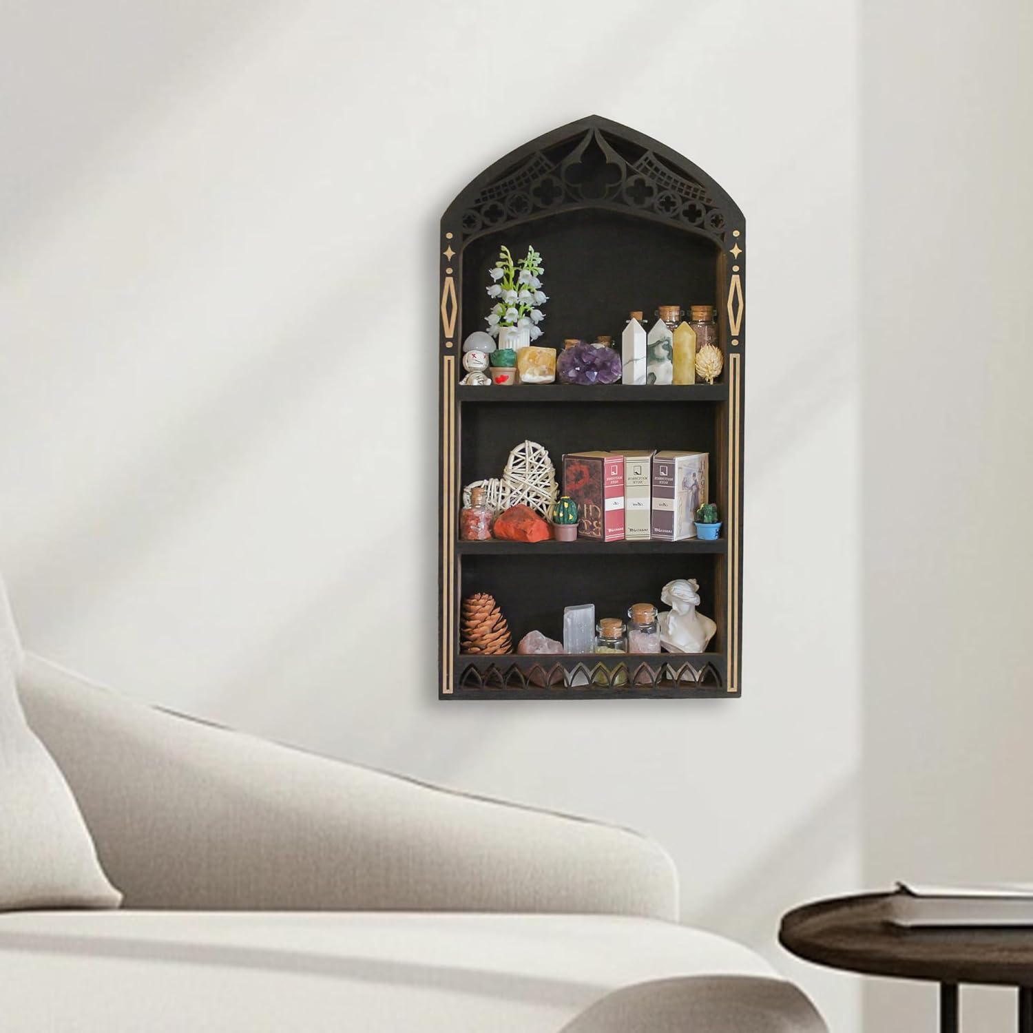 Gothic Crystal Shelf Display for Wall, Wooden Rock Gem Healing Stone Display Shelf Wall Mounted, Crystal Holder Trinket Organizer Knick Knack Shelf, Gothic Witchy Decor Gifts for Women - 2025 UPGRADED