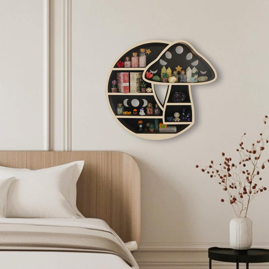 Cute Mushroom Decor, Wooden Mushroom Floating Shelves for Wall, Moon Shelf Wall Decor Crystal Rock Gem Stone Display Shelf, Trinket Knick Knack Shelf, Mushroom Gifts for Mushroom Lovers
