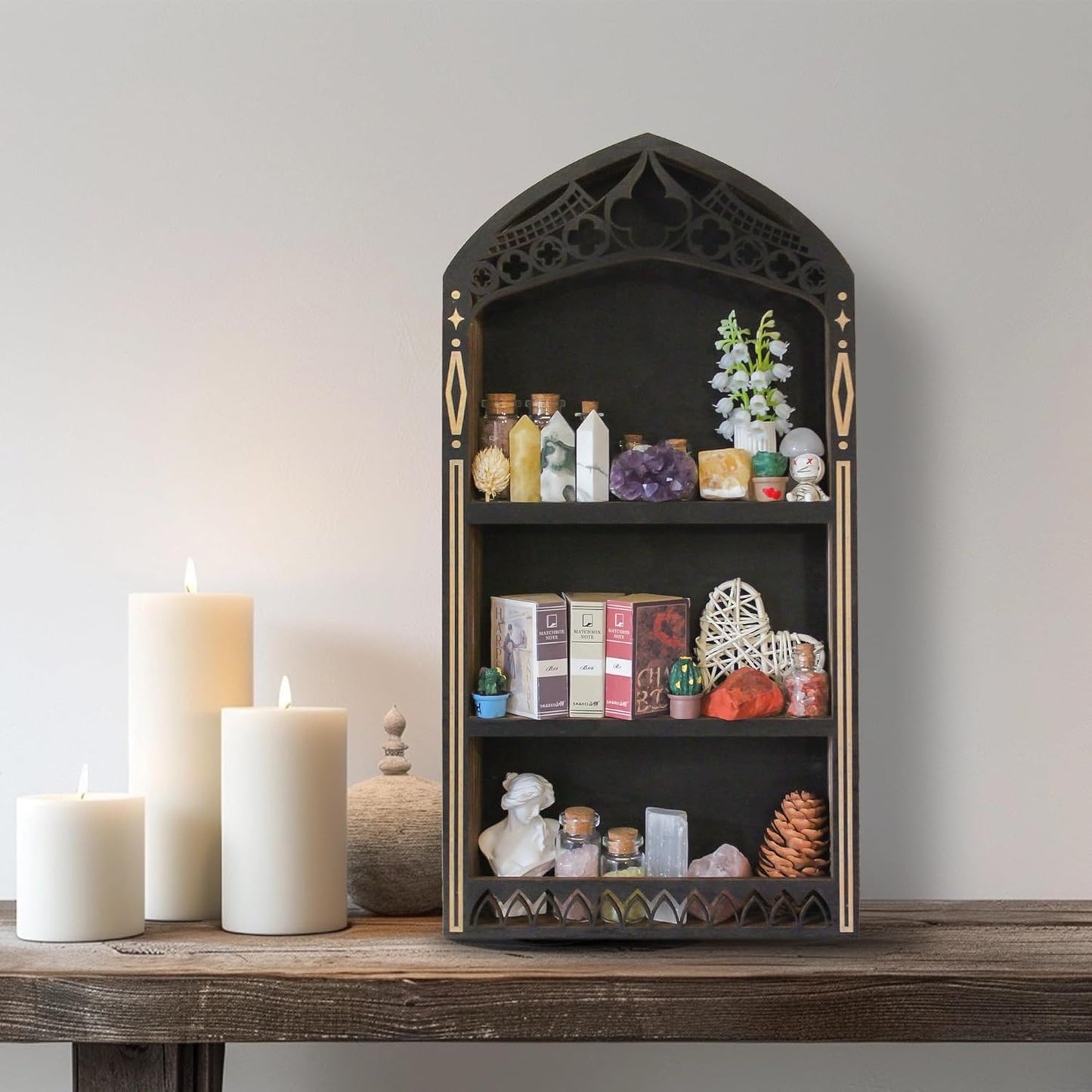Gothic Crystal Shelf Display for Wall, Wooden Rock Gem Healing Stone Display Shelf Wall Mounted, Crystal Holder Trinket Organizer Knick Knack Shelf, Gothic Witchy Decor Gifts for Women - 2025 UPGRADED
