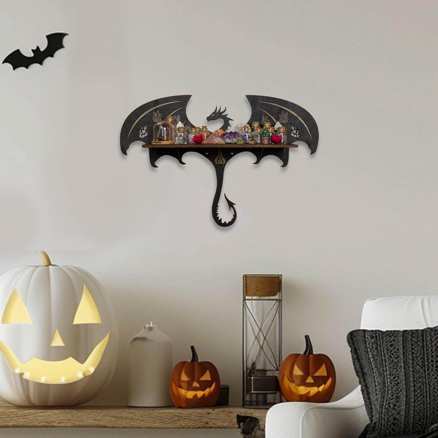 Gothic Evil Dragon Decor Crystal Display Shelf for Wall, Wooden Witchy Shelf Rock Display Case Knick Knack Organizer Trinket Holder, Wall Hanging Shelves for Essential Oil & Nail Polish