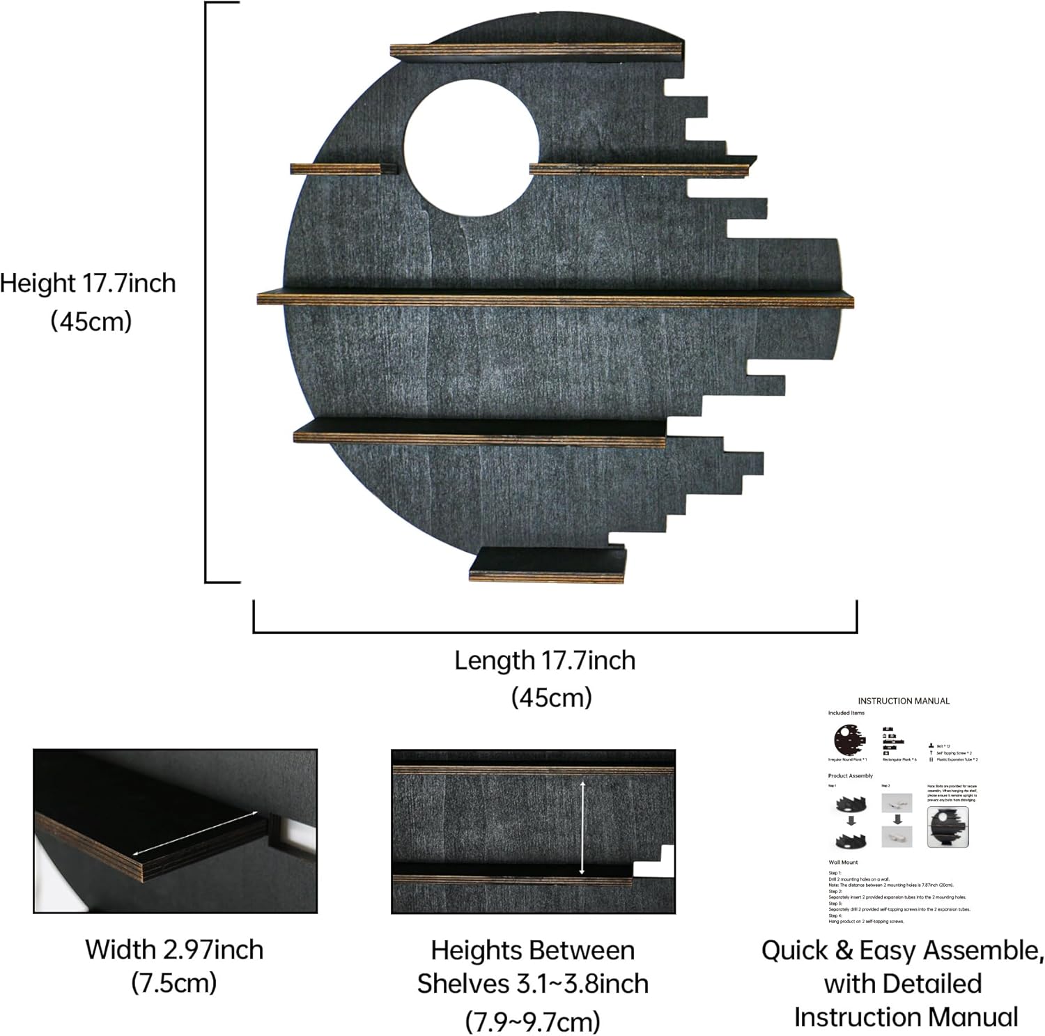 Large 17.7&quot; Wooden Circle Floating Shelves for Wall, Figures Minifigures Figurine Display Shelf Wall Mount, Wood Wall Hanging Shelf for Collection Collectibles, for Bedroom Living Room