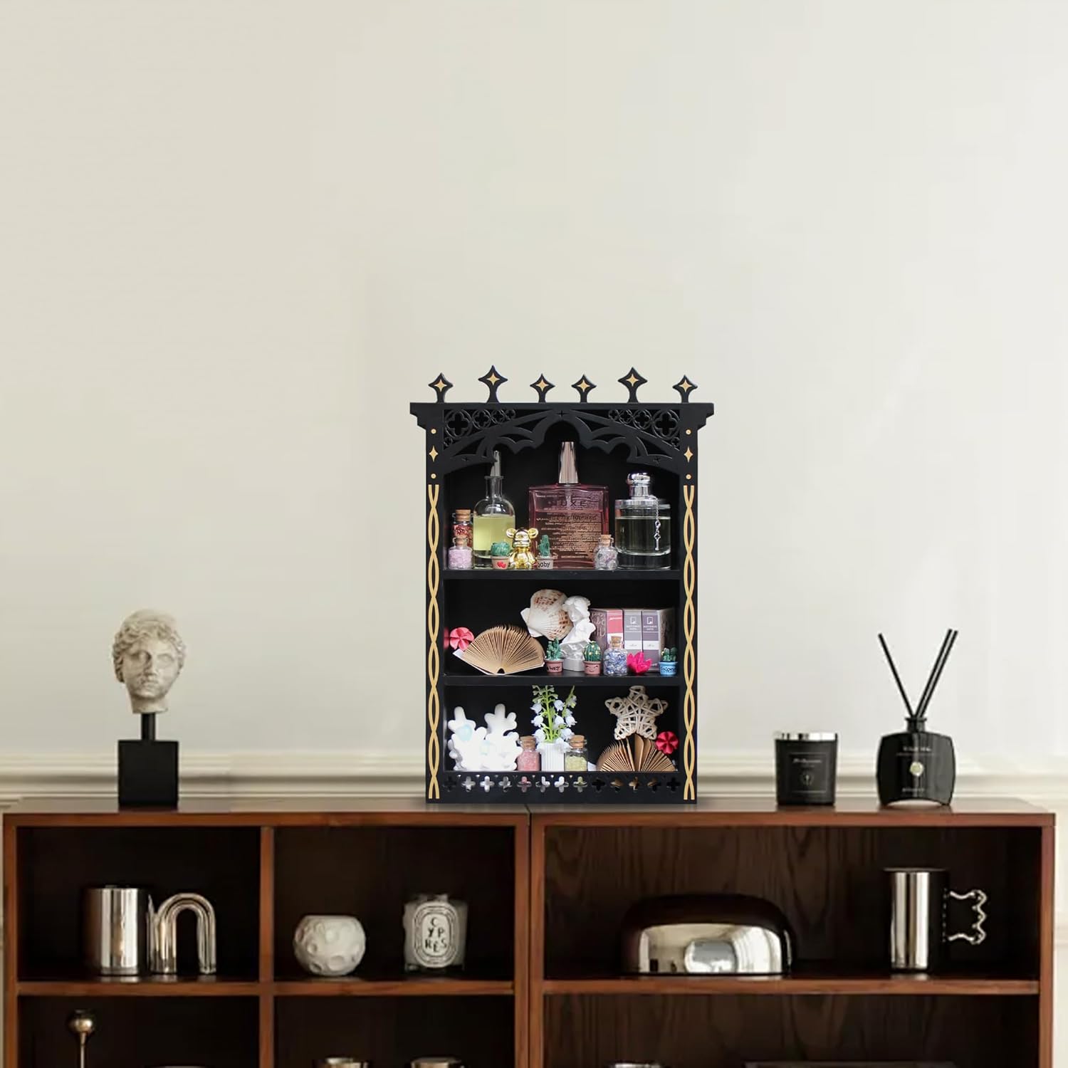 Large Gothic Crystal Shelf Display for Wall, Wooden Witchy Shelves for Home Decor, Trinket Knick Knack Shelf for Crystals Rocks Gems and Stones, Witch Crystals Storage Holder Organizer