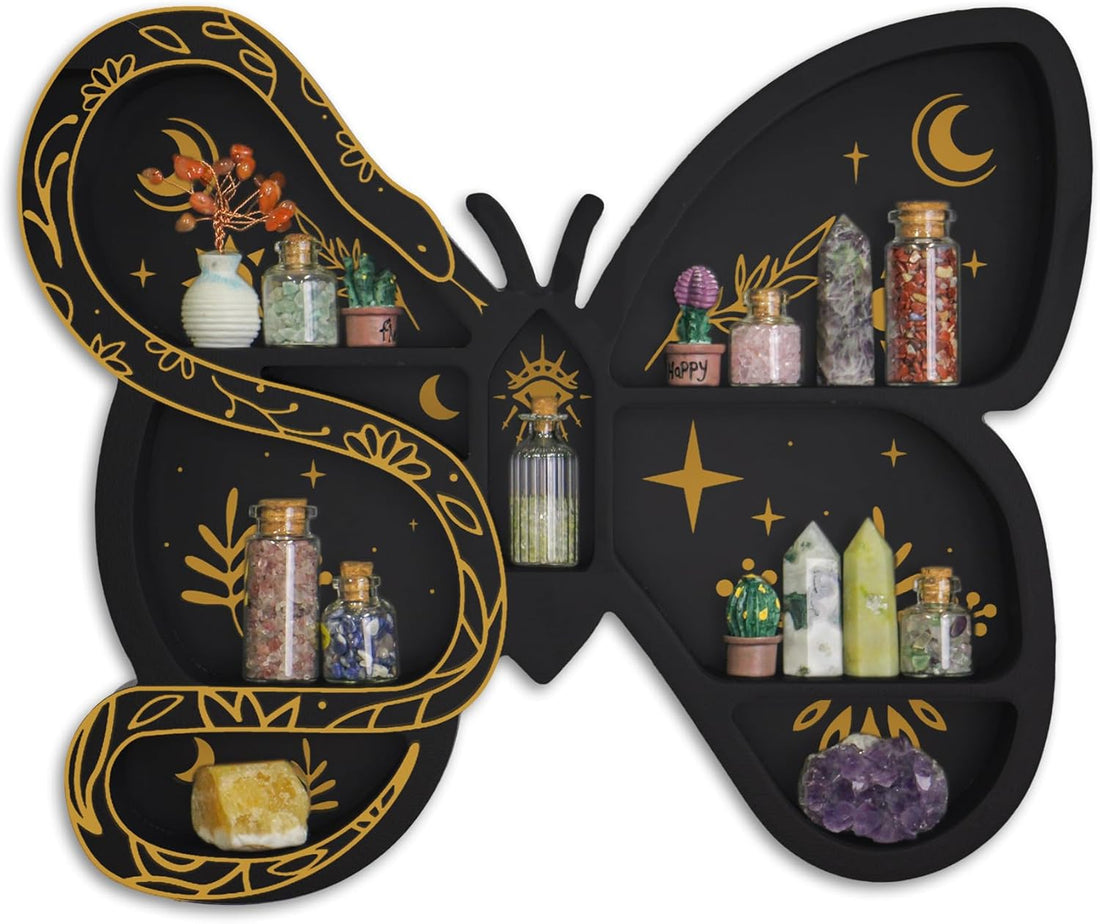 Butterfly &amp; Snake Wall Shelf for Crystals Rocks Gems Healing Stones, Trinket &amp; Knick Knack Shelf for Wiccans, Cute Shelves Unique Whimsical Spiritual Witchy Hippie Fairycore Forest Curio Decor