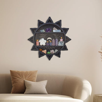 Sun&amp;Moon&amp;Stars Crystal Display Shelf, Trinket Shelf Witchy Home Decor Boho Decorative Wall Mounted Shelf Wooden Sun Moon Shelf Rock Case Stone Storage Floating Hanging Holder