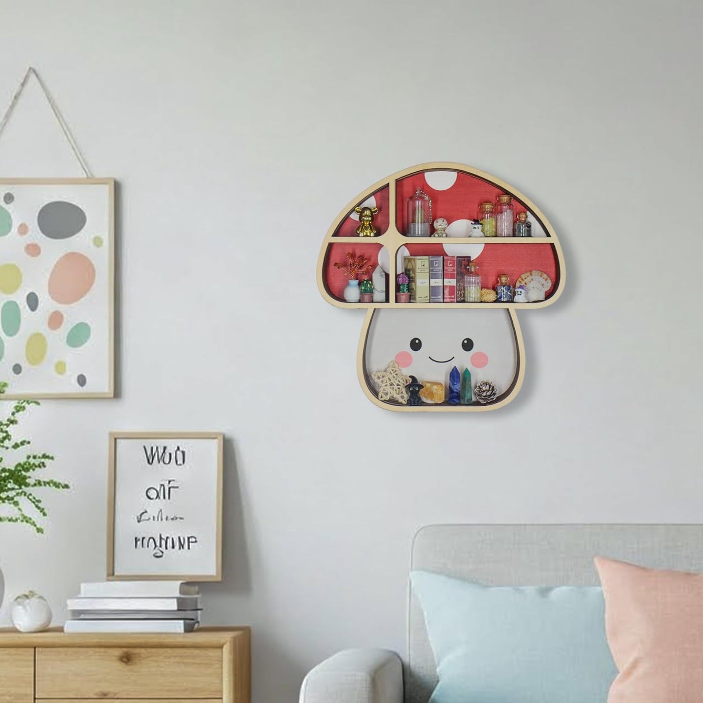 Cute Mushroom Wall Decor Gift Trinket Knick Knack Shelf Wooden Shelf for Crystals Rocks Gems Healing Stones Oddities and Curiosities Crystal Holder Whimsical Witchy Hippie Forest Room Wall Decor