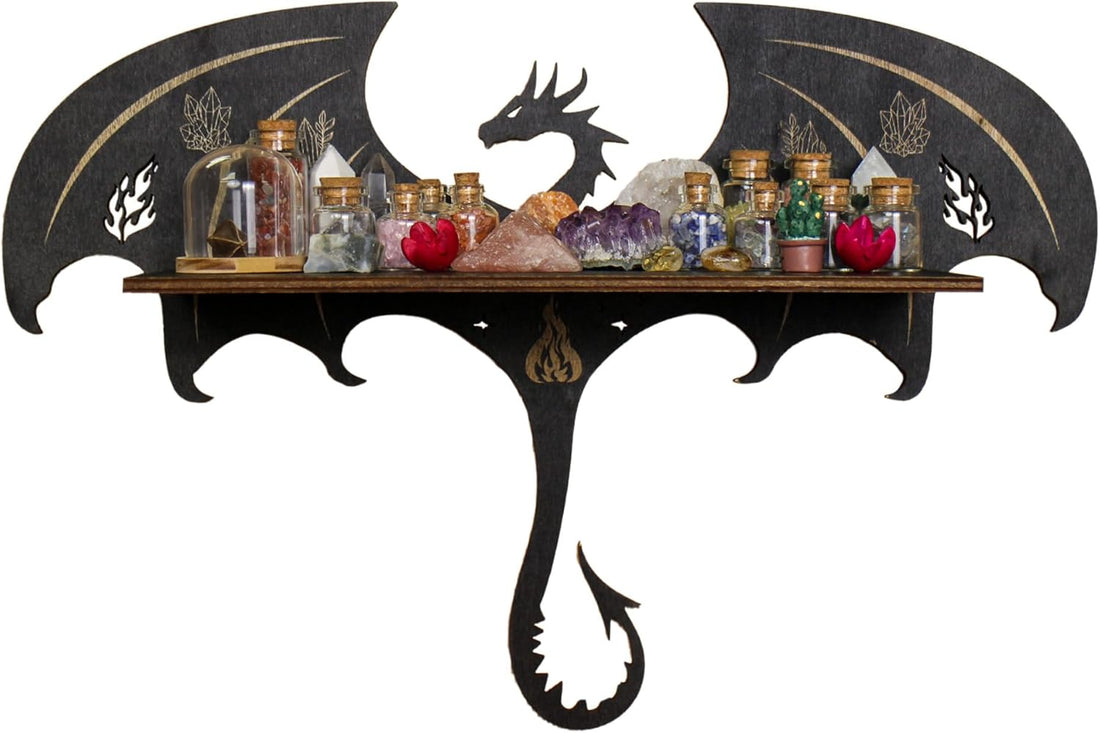 Gothic Evil Dragon Decor Crystal Display Shelf for Wall, Wooden Witchy Shelf Rock Display Case Knick Knack Organizer Trinket Holder, Wall Hanging Shelves for Essential Oil & Nail Polish