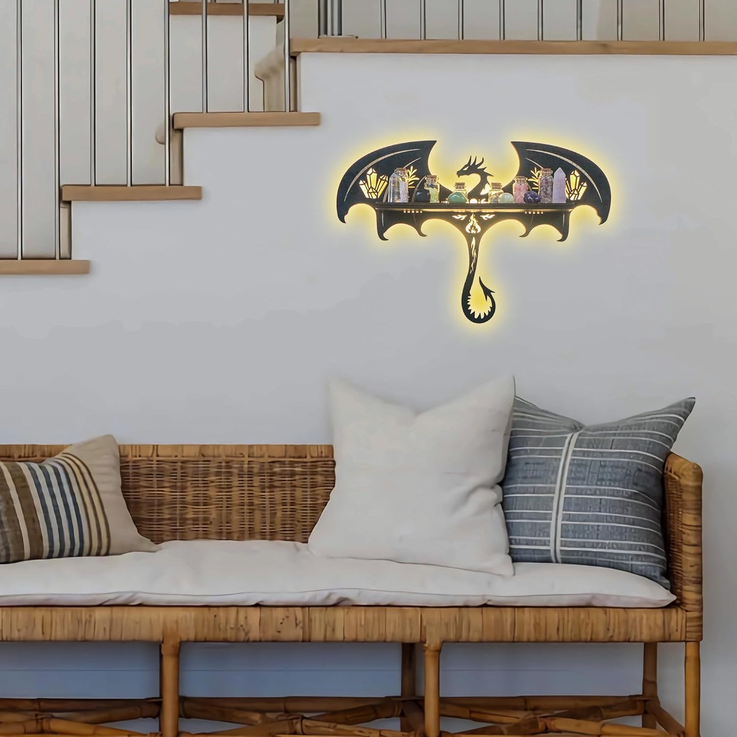 Gothic Evil Dragon Decor with LED Light Crystal Display Shelf for Wall, Wooden Witchy Shelf Rock Display Case Knick Knack Organizer Trinket Holder, Wall Hanging Shelves for Essential Oil & Nail Polish