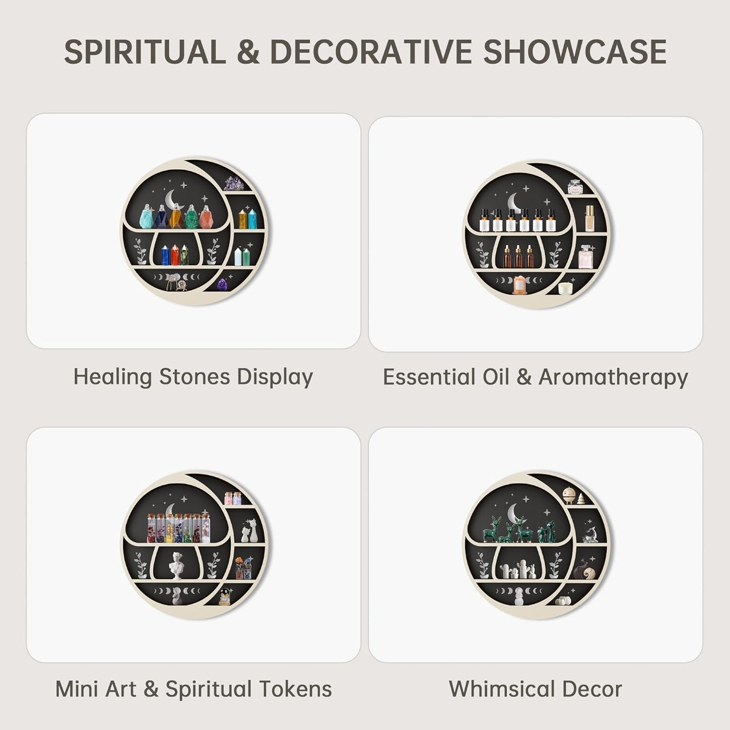 Circle Mushroom on The Moon Wall Shelf with LED Light, Wooden Trinket Knick Knack Shelf, Mushroom & Moon Decor Crystal Display Shelf for Rocks Gems Healing Stones, Cute Crystal Holder Organizer