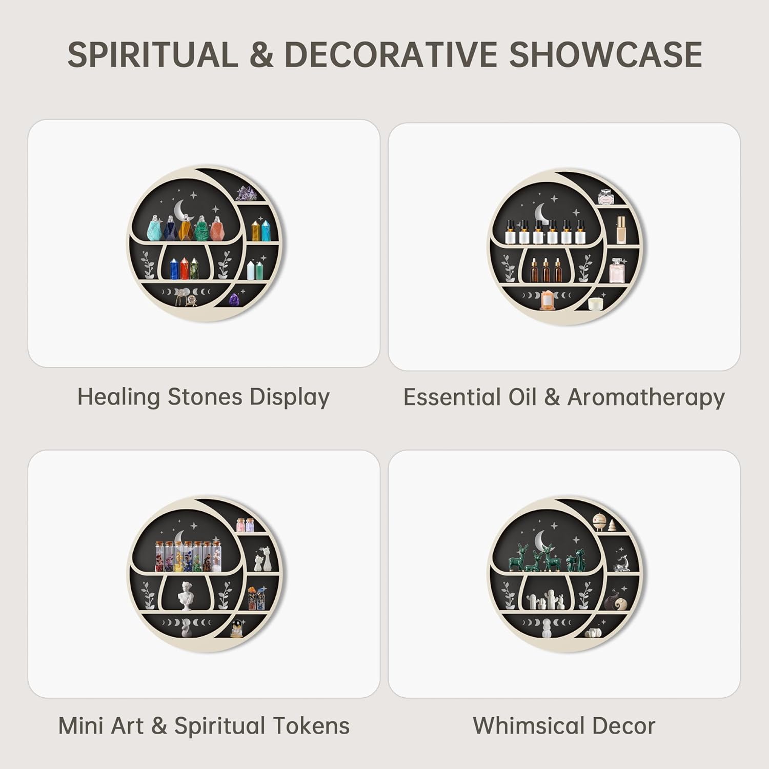 Circle Mushroom on The Moon Wall Shelf with LED Light, Wooden Trinket Knick Knack Shelf, Mushroom & Moon Decor Crystal Display Shelf for Rocks Gems Healing Stones, Cute Crystal Holder Organizer