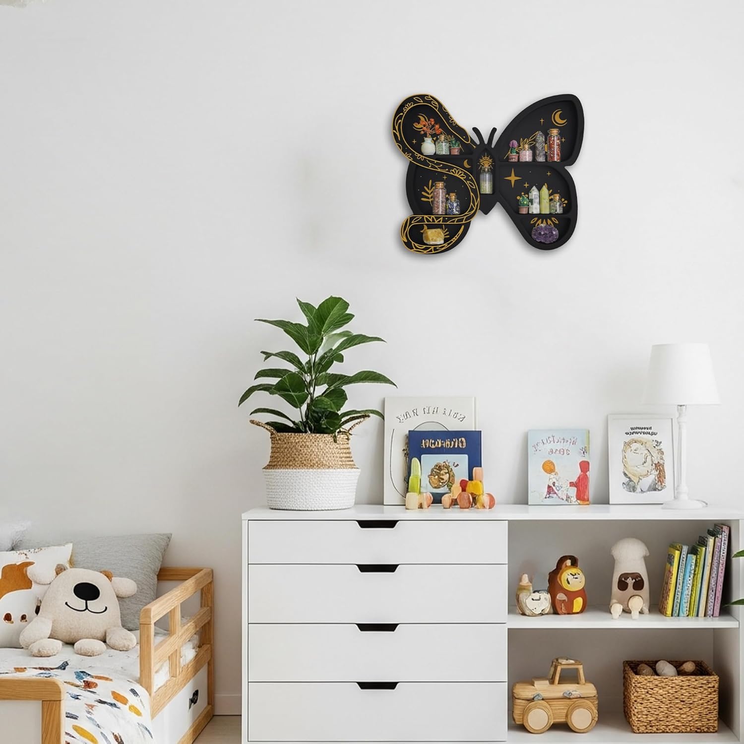 Butterfly & Snake Wall Shelf for Crystals Rocks Gems Healing Stones, Trinket & Knick Knack Shelf for Wiccans, Cute Shelves Unique Whimsical Spiritual Witchy Hippie Fairycore Forest Curio Decor