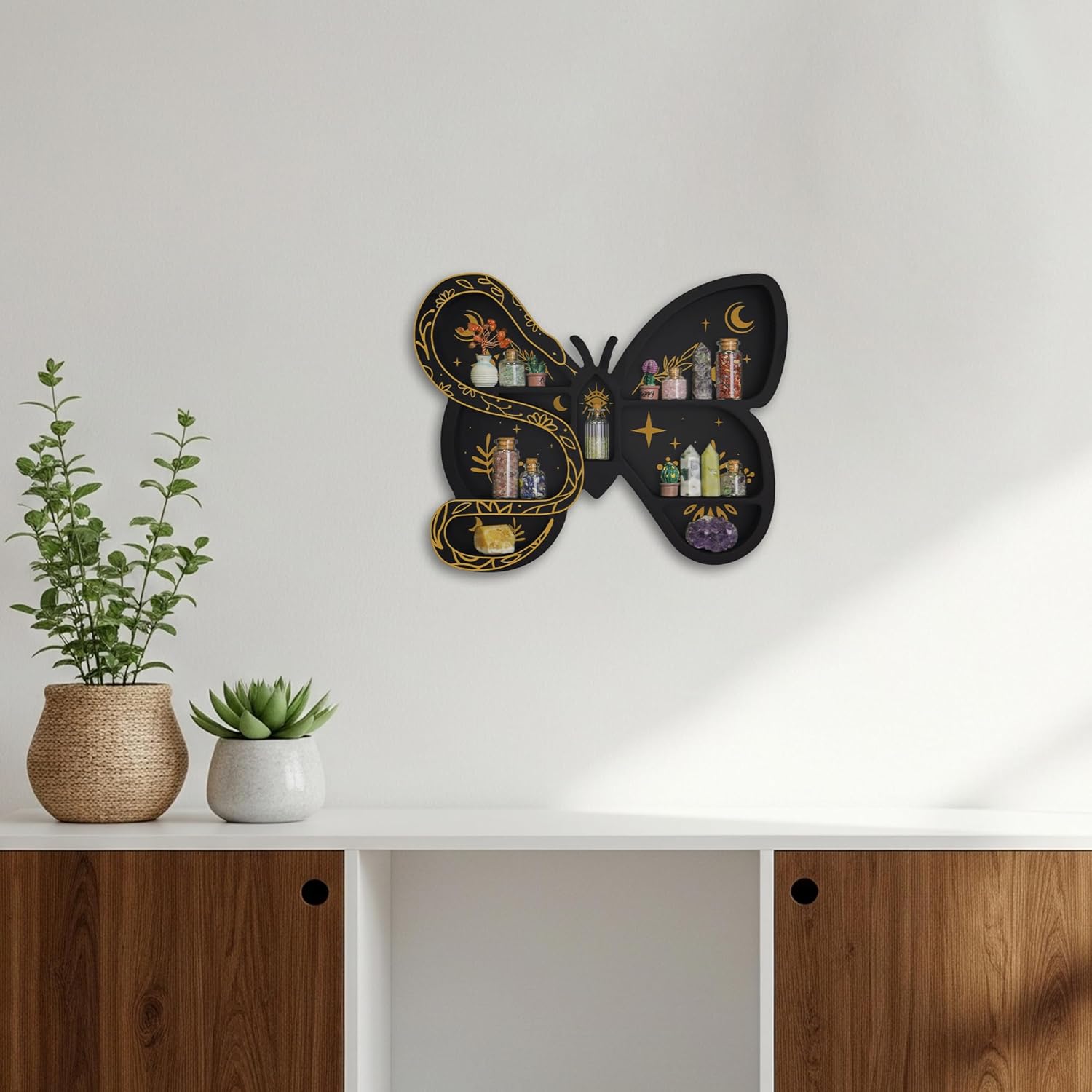 Butterfly & Snake Wall Shelf for Crystals Rocks Gems Healing Stones, Trinket & Knick Knack Shelf for Wiccans, Cute Shelves Unique Whimsical Spiritual Witchy Hippie Fairycore Forest Curio Decor