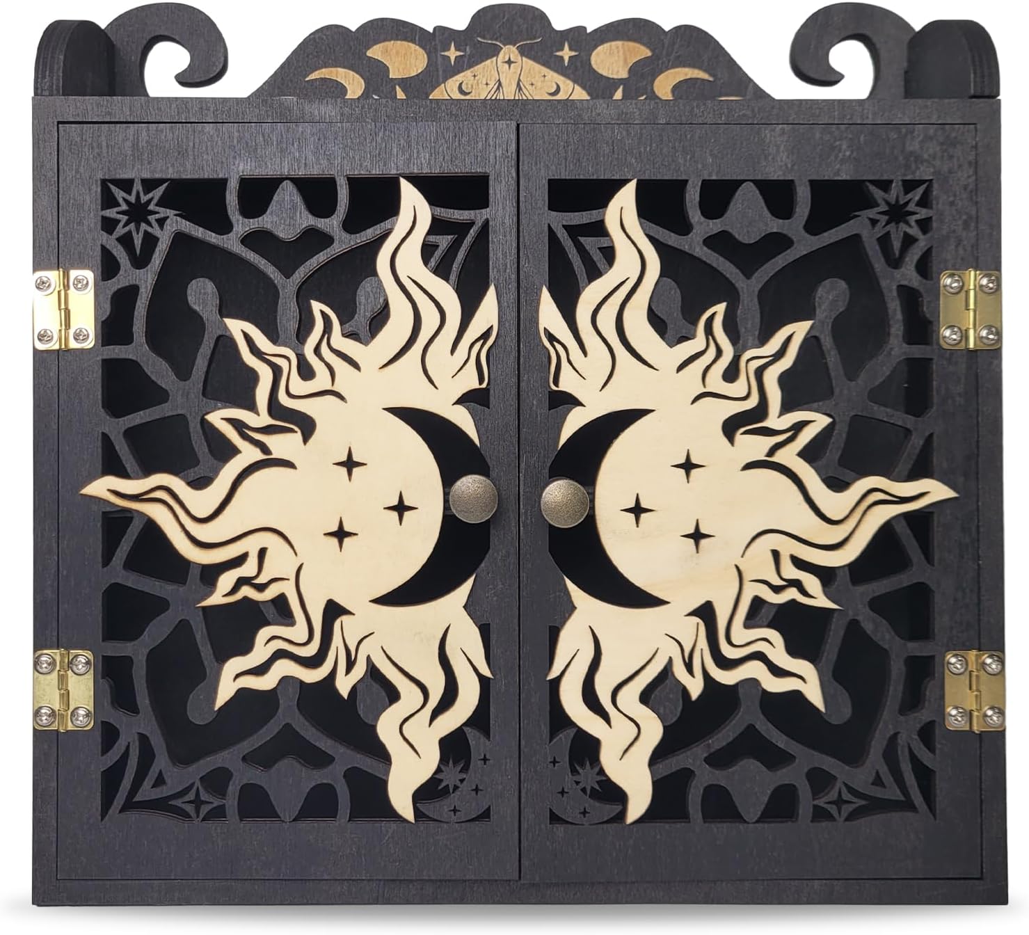 Crystal Display Shelf, Large Crystal Shelf Case for Stones, Carved Sun Crescent Moon Shelf, Trinket Shelf Nail Polish Rack Crystal Holder Essential Oil Storage Rock Cabinet Gem Stone Organizer