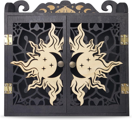 Crystal Display Shelf, Large Crystal Shelf Case for Stones, Carved Sun Crescent Moon Shelf, Trinket Shelf Nail Polish Rack Crystal Holder Essential Oil Storage Rock Cabinet Gem Stone Organizer