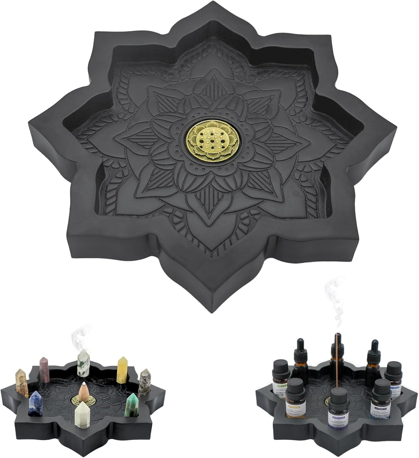 Wooden Lotus Tray, Incense Burner for Stick/Cone, Rocks Gems Healing Stones Display Holder, Organizer for Essential Oil & Jewelry, Wood Lotus Bowl Decor for Meditation, Wiccan Supplies and Tools