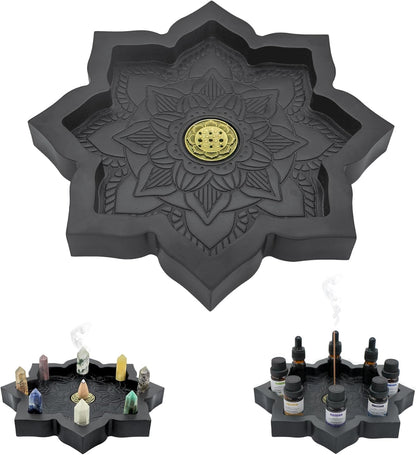 Wooden Lotus Tray, Incense Burner for Stick/Cone, Rocks Gems Healing Stones Display Holder, Organizer for Essential Oil & Jewelry, Wood Lotus Bowl Decor for Meditation, Wiccan Supplies and Tools