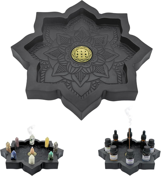 Wooden Lotus Tray, Incense Burner for Stick/Cone, Rocks Gems Healing Stones Display Holder, Organizer for Essential Oil & Jewelry, Wood Lotus Bowl Decor for Meditation, Wiccan Supplies and Tools