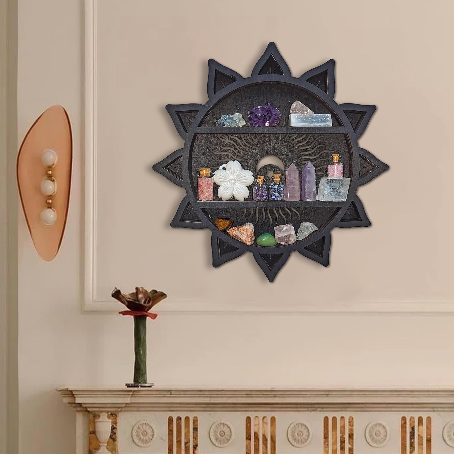 Sun&amp;Moon&amp;Stars Crystal Display Shelf, Trinket Shelf Witchy Home Decor Boho Decorative Wall Mounted Shelf Wooden Sun Moon Shelf Rock Case Stone Storage Floating Hanging Holder